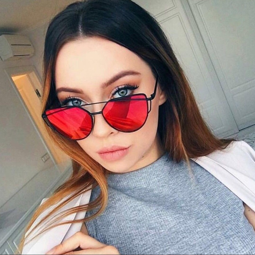 Red & Black Mirror Cat Eye Aviators - Picture 2 of 8